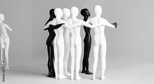 Abstract human figures in black and white, embracing in a circle symbolizing unity and diversity against a plain background.