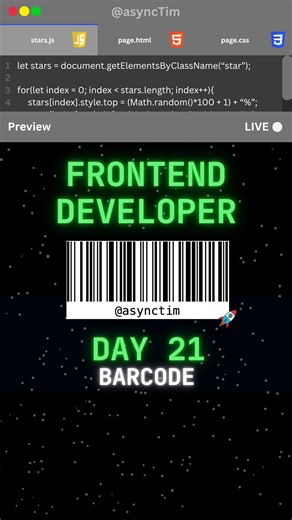 Tim | HTML - CSS - JAVASCRIPT on Instagram: "Barcode in HTML and JavaScript | Day 21 of Frontend Development In this episode we used the JsBarcode library to create a custom barcode! Make sure to try things out yourself! 😎💪 Link: https://cdnjs.cloudflare.com/ajax/libs/jsbarcode/3.11.6/JsBarcode.all.js Thank you so much for watching! If you have any questions, feel free to comment them below! ———————————— 👉 For more Frontend Development & Coding, follow @asynctim! ———————————— Made with ❤️ by 