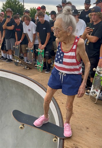 Grandma lands a double flip at the skatepark