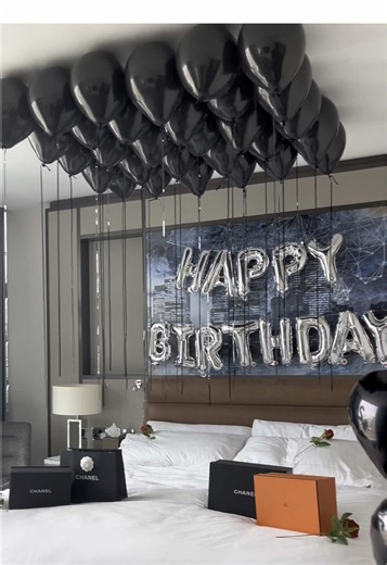 Elegant Black Hotel Room Decor for Surprise Birthday