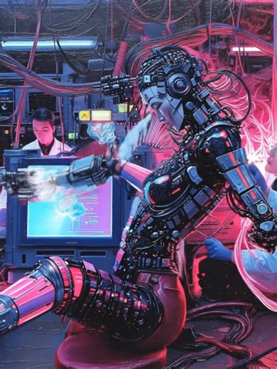 Inside the white-coat lab where tomorrow is built. Technicians calibrate each cyborg limb, test neural links, and run readiness checks before they’re released into the neon world. Precision, code, chrome, perfection. 🤖🔧✨🌐