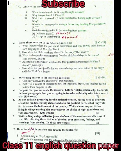 class 11 english question paper 2082