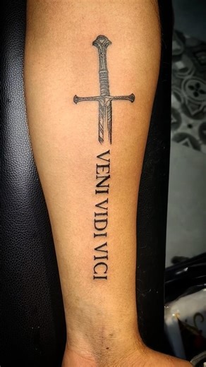Veni Vidi Vici Sword Tattoo | Powerful Roman Quote Forearm Tattoo Design