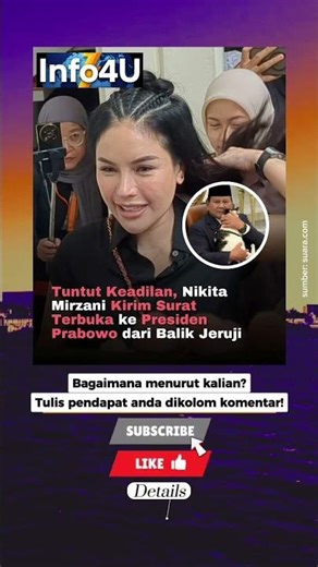 Tuntut Keadilan, Nikita Mirzani Kirim Surat Terbuka ke Presiden Prabowo dari Balik Jeruji