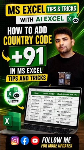 How to add +91 country code before mobile number in excel? |Instead Amazing Tricks #excel #ytshorts