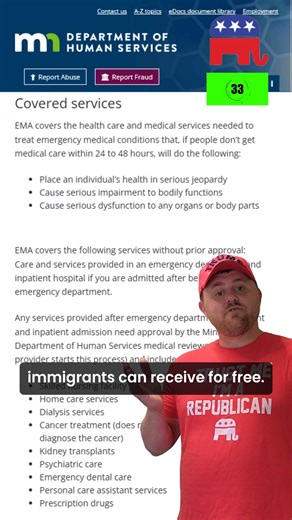 Don't let Democrats lie to you about healthcare for illegal immigrants. It's right on Minnesota's state website: https://mn.gov/dhs/people-we-serve/adults/health-care/health-care-programs/programs-and-services/ema.jsp Illegal Immigrants can get the following services for free: Skilled nursing facility Home care services Dialysis services Cancer treatment Kidney transplants Psychiatric care Emergency dental care Personal care assistance services Prescription drugs | Lyon County MN Republicans
