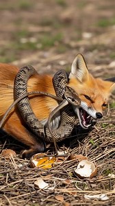 Coachwhip snake attacks a red fox on a sandy beach. | Vu Tv
