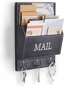 DLQuarts Mail Organizer with Key Holder for Wall, Mail Sorter Wall Mounted, Decorative Wooden Key and Mail Holder with 3 Hooks, Black