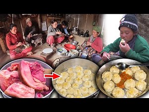 Home made pork momo Cooking & Eating in village kitchen with family | momo recipe | How to make MOMO