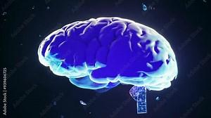 Visualization of a brain surrounded by microplastic particles, illustrating the problem of plastic entering the human body