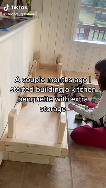 Kitchen banquette with custom cushions✅ We desperately needed more storage in our small(ish) kitchen, so I built a banquette that doubles as storage and seating! Our custom cushions from @patiolanecushions are the absolute icing on the cake😚🤌 #hometakestime #kitchenstorage #diyproject