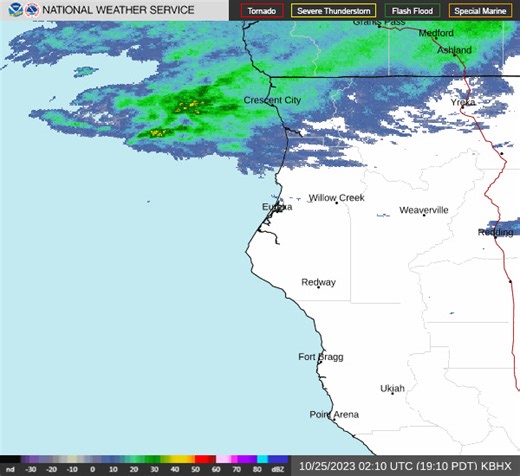 After a gorgeous sunset, latest radar loop show rain approaching Del Norte and northern Humboldt counties this evening. Precipitation chance will slowly spread southward late tonight through Wednesday. | US National Weather Service Eureka California
