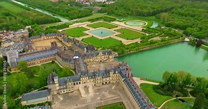 Aerial view on the castle of fontainebleau and his garden. Drone view of medieval landmark royal castle Fontainebleau, France. The Castle of Fontainebleau