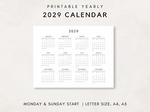2029年年間カレンダー、印刷可能なカレンダー、2029年カレンダー、デジタルカレンダー、年間壁掛けカレンダー、年間概要、2029年年間カレンダー - Etsy 日本