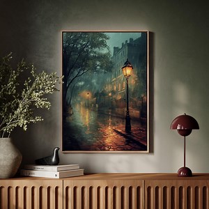 Rainy Night Street Scene - Atmospheric Oil Painting, Glowing Lamplights on Wet Cobblestones, Moody Urban Wall Art, Romantic Cityscape Canvas - Etsy
