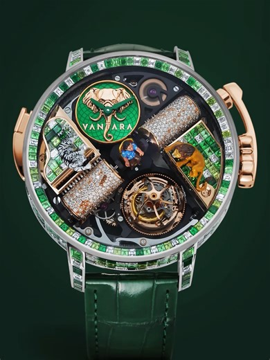 A timepiece created in service of something greater. The “Vantara” was conceived as a tribute to Anant Ambani’s Vantara—one of the world’s most ambitious wildlife rescue and conservation initiatives, based in Gujarat, India. At the center of the dial sits a hand-painted figurine of Anant himself, symbolizing stewardship and responsibility. Surrounding him, finely detailed depictions of a lion and a Bengal tiger represent the wildlife Vantara is dedicated to protecting. Framing the scene is a gre