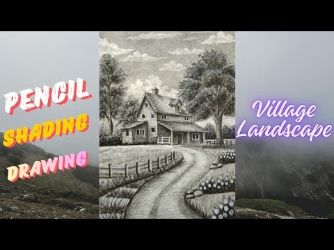 Village Landscape Pencil Shading Drawing | Easy Rural House Scenery Sketch.