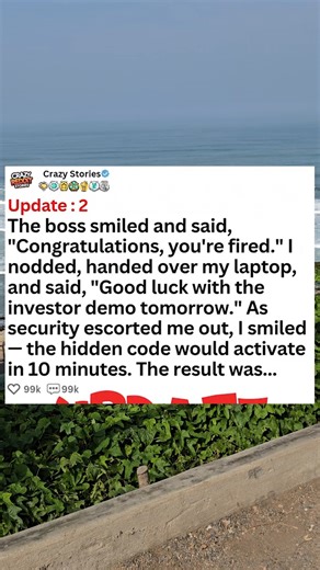 110K views · 108 reactions | update , the boss smiled and said, congratulations, you're fired. I nodded, handed over my laptop, and said, good luck with the investor demo tomorrow. As security escorted me out, I smiled, the hidden code would activate in 10 minutes. The result was, - Askreddit #askreddit #redditposts #prorevenge #entitledparents #relationships #relationshipadvice #PettyRevenge | Eespith Sanz | Facebook