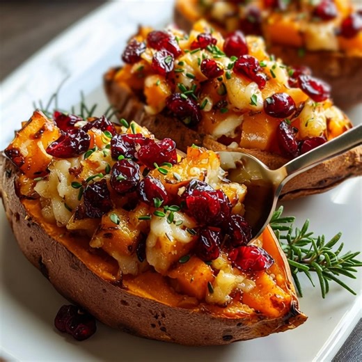 Cranberry Apple Twice-Baked Sweet Potatoes Sweet, tart, and perfectly cozy — these Cranberry Apple Twice-Baked Sweet Potatoes bring together creamy baked potatoes, juicy apples, and bright cranberries in one irresistible fall side. With a touch of cinnamon and a sprinkle of pecans, they’re the perfect mix of comfort and holiday flavor. Ingredients: 4 medium sweet potatoes ½ cup fresh cranberries ½ cup diced apple 2 tbsp brown sugar | The Cozy Spoon