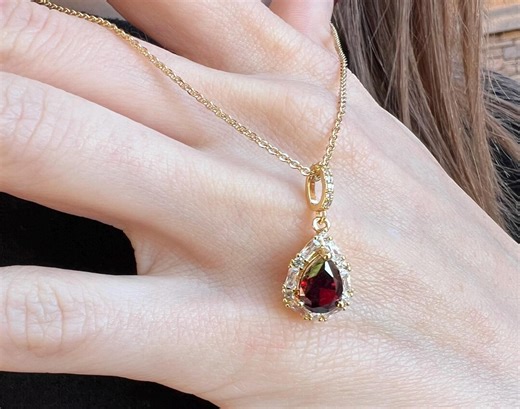 14K Gold Plated January Birthstone Necklace | Garnet CZ Teardrop Pendant | Dainty Gold Chain Adjustable From 16"-18" - Etsy
