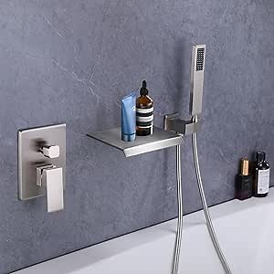 Taplong Brushed Nickel Wall Mount Bathtub Faucet with Hand Shower Wall Mount Tub Faucets with Waterfall Spout，Bathroom Tub Filler with Rough-in Valve Trim Kit,91266BN
