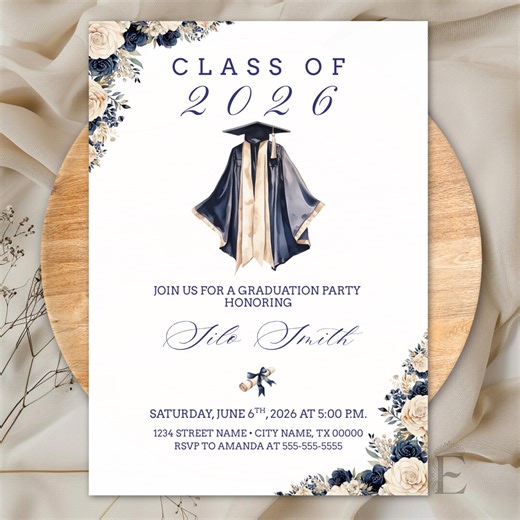 Floral Navy Blue Graduation Invite Template Editable in Canva - Etsy