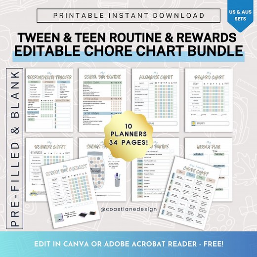 Kids Chore Charts Bundle for Tweens and Teens, Green, Blue Routine and Rewards Printables, Editable Pdfs, Digital Download, Canva Templates - Etsy
