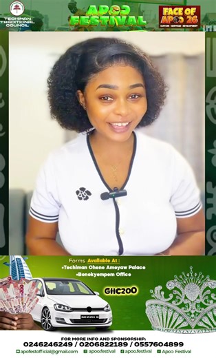 Queen @Nana GMB25 has got a personal secret to share with you all 💛🤍💚 Face of Apoo comes off this weekend ….28th Feb 2026. Theme : Showcasing our Heritage and uniting for ancestral blessings Celebration Period: 7th March - 5th April Email : apofestofficial@gmail.com Facebook : Apoɔ Festival Tiktok & instagram : apoo.festival 0246246249| 024 605 2211 | 0 55 493 8590 | 0 20 682 2189