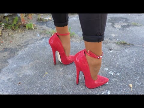 First Walking Trials in New Red High Heel Shoes, Difficult Walking