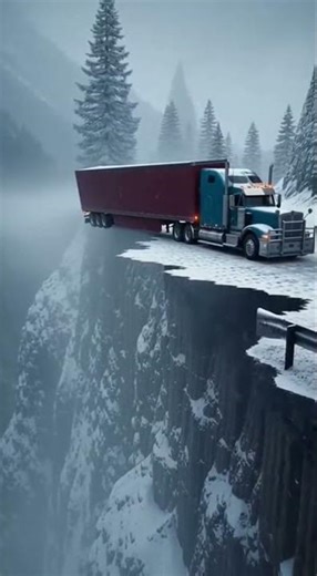 Semi-Truck Hanging Over Mountain Cliff Edge