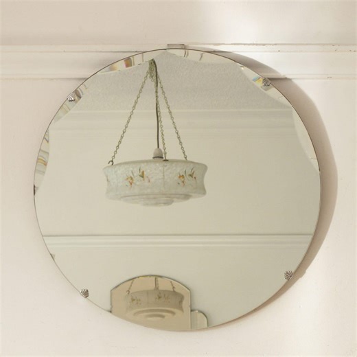 Round Art Deco Frameless Mirror With Scalloped Bevel and Shell Clips. Ready to Hang on New Chain. - Etsy