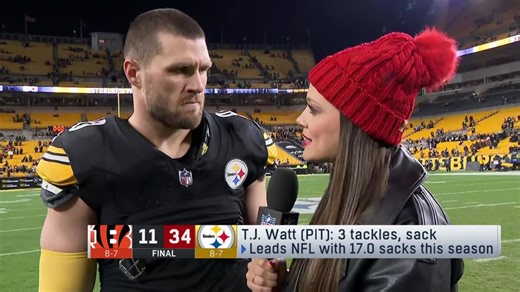 T.J. Watt talks to Bridget Condon after Steelers' win over Bengals