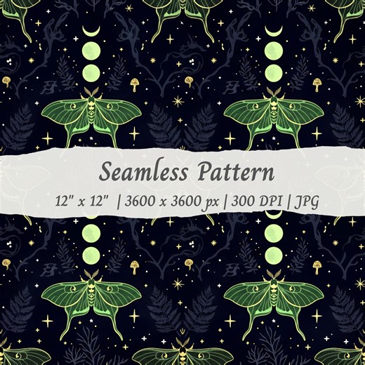 Luna Moth Moon Phase Witchy Seamless Pattern, Gothic, (digital Download) - Etsy