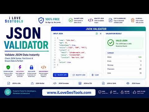 ✅ Free JSON Validator – Validate JSON Online & Find Errors | iLoveSEOTools