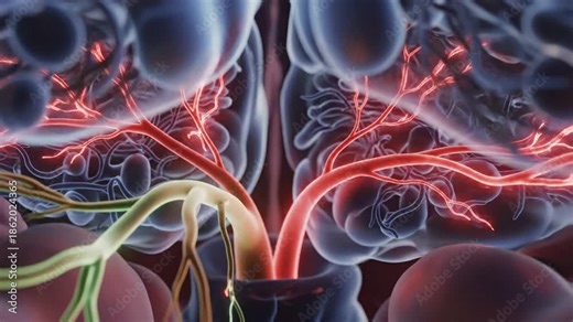 Microscopic view of brain interneurons and habenula connectivity, with zooming camera effect