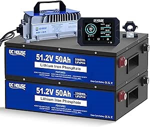 DC HOUSE 48V 100Ah LiFePO4 Golf Cart Battery with 18A Charger and 300A Battery Monitor. 3 Hours Fast Charging, 48V Lithium Battery Perfectly for Golf Car/RV/Off-Grid Solar System (Split Shipment)