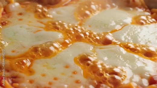 Seamlessly looping abstract extreme close-up of thick mozzarella and cheddar cheese melting and bubbling rapidly on a hot, deep-dish pizza surface restaurant display, food animation, digital art
