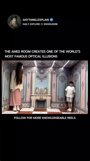 Explainer place on Instagram: "The Ames Room is one of the most famous optical illusions ever built. Created by Adelbert Ames Jr. in 1946, it makes people appear to grow or shrink as they move across the room. At first, it looks like one person is much larger than the other. In truth, both are the same size. The illusion happens because the room is built with distorted walls, ceiling, and floor that form a trapezoid, not a square. From one fixed point, your eyes assume the space is normal, so yo