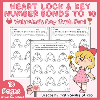 Heart Lock & Key Number Bonds to 10 | Valentine Math Worksheets | K-1st Grade