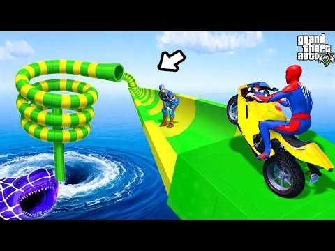 SPIDER-MAN with Superheroes Racing Motorcycles On Wild Slide Vortex🪂🔥 GTA 5 Funny Game