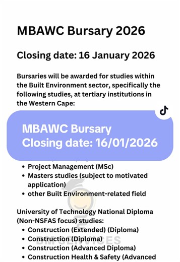 MBAWC Bursary Closing date: 16/01/2026 For assistant number on bio. #bursaries #applications #apply #edutok #educationalpurposes