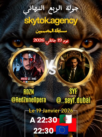 مسابقة المصممين الجولة ربع النهائي يوم 19 جانفي 2026 على الساعة 22:30 بي توقيت الجزائر حضوركم يشرفنا كونو في الموعد 🫶🫡🎩 @skytok agency @Abdou Enigma 🏴 @opera_tango2 @Djrafikdz75OFFICEL 🔴🔴🔴 @JOKER @🆁🅴🅳 🆉🅾🅽🅴 🅾🅿🅴🆁🅰 @❤️Sissi❤️🫶OumAdam🤍