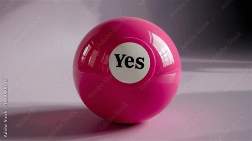 Starting frame sequence, rotating glossy pink sphere showing Yes label on pastel table, soft shadow