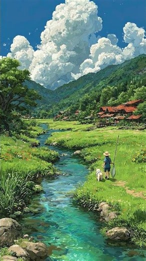 Peaceful Summer Anime Countryside 🌿 Boy Walking by the River | Studio Ghibli Inspired Relaxing
