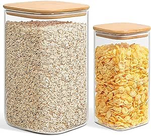 ComSaf Glass Pantry Storage Containers, 4.6Qt/1.6Qt Large Square Flour and Sugar Containers with Airtight Lids, 1.2 Gallon Glass Jars with Bamboo Lids for Rice, Pasta, Cookies, Coffee Beans