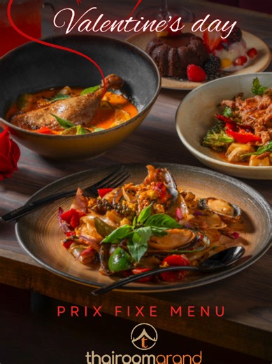 💕 Valentine’s Special at thairoomgrand 💕 Love is best celebrated over incredible food, warm ambience, and a table for two. Join us for our exclusive Valentine’s Menu — crafted to be shared and savoured together. ✨ $79 per couple 📅 Available Friday – Monday 🥢 Sharing Appetizers • Poh Pia Tod – Crispy spring rolls with cabbage, carrot, woodear mushroom, taro & glass noodles, served with sweet & sour chili sauce • Satay Gai – Curry-marinated chicken skewers with peanut sauce • Yum Ma Muang – Fr