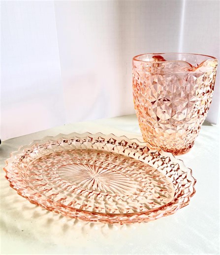 Vintage Pink Depression Glass Pitcher and Tray Set | Diamond Cut Glass Serving Set | Cottagecore Pink Glass - Etsy