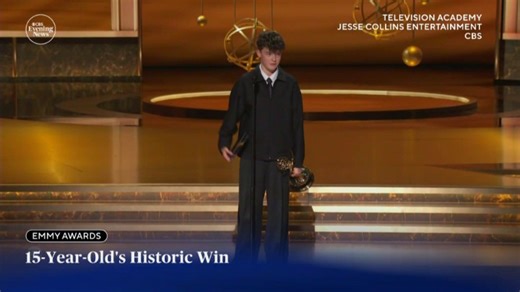 At just 15, Owen Cooper became the youngest male Emmy winner for his role in Adolescence, thanking his mom and teachers while urging kids to “step out of your comfort zone.” https://cbsn.ws/3I2t9d7 | CBS Evening News