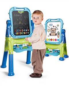 Easel for Kids, 4 in 1 Rotatable Double Sided Adjustable Standing Kids Art Easel Drawing Board White Board Chalkboard with Painting Accessories - Blue