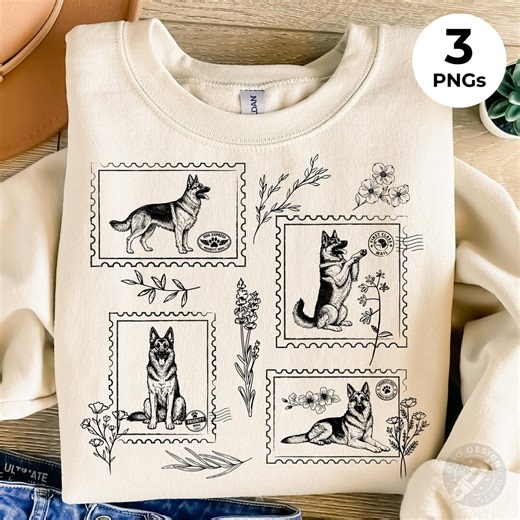 German Shepherd Floral Stamp PNG Bundle | Vintage Postage Dog Graphic | 3 PNG Bundle | Digital Download - Etsy
